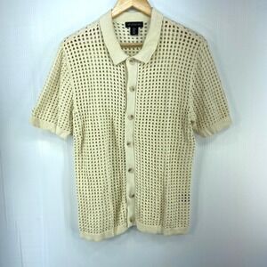 Art Of Rhetoric Mens Cream Open Knit Short Sleeve Collared Sweater Polo Medium